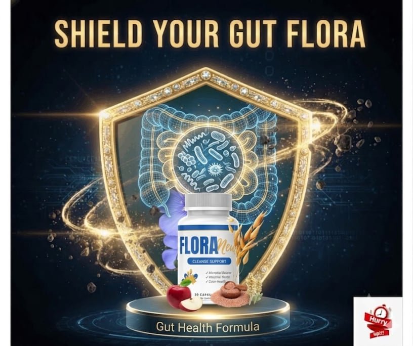 Flora New bottle on a display stand with a digital gut illustration inside a protective shield.
