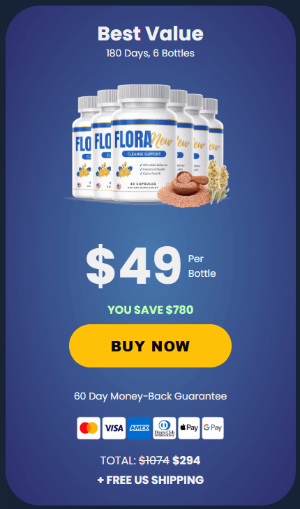 Flora New 6 bottle pack. 49 per bottle. Free shipping. 60 day guarantee.